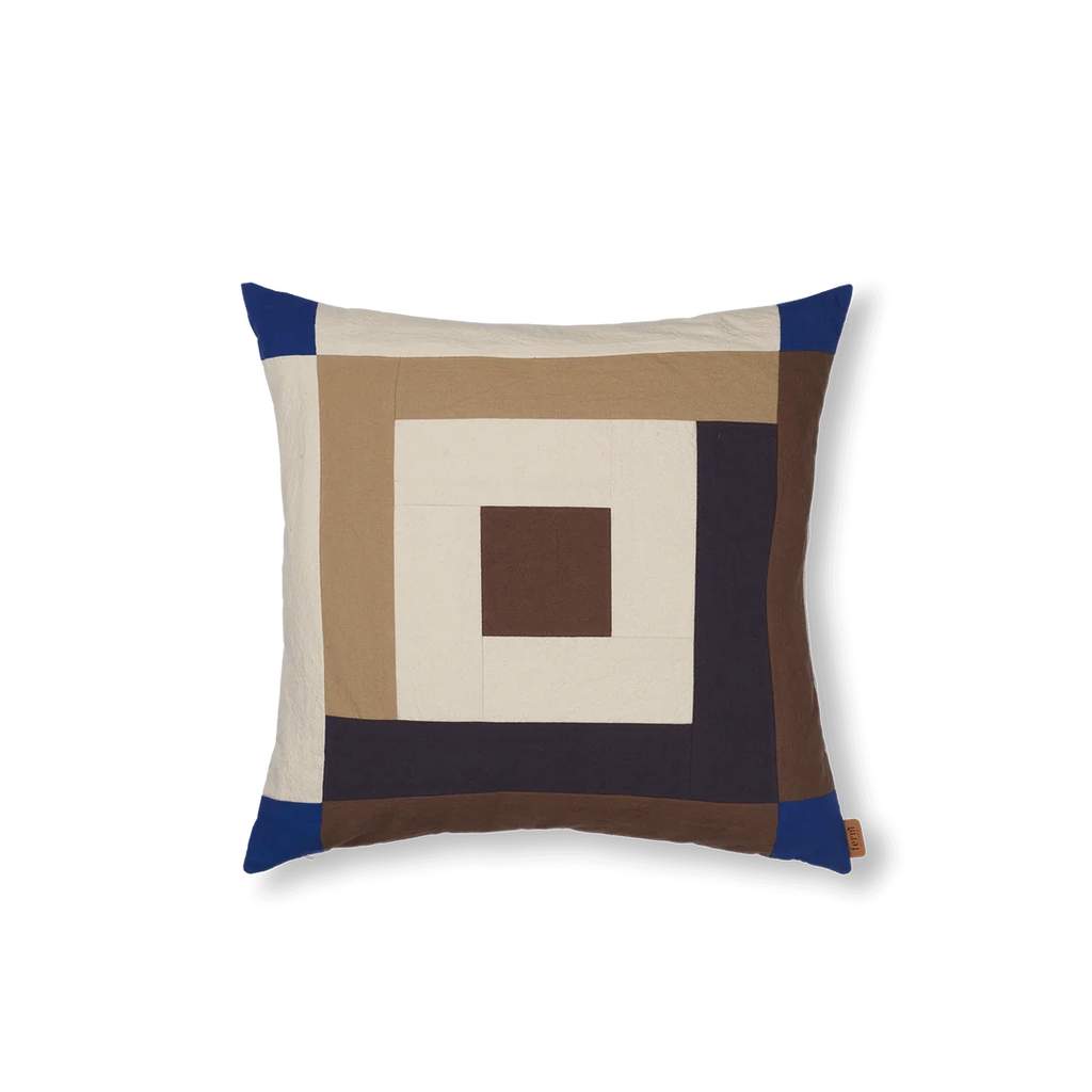 Border Patchwork Cushion - Carob Brown/Bright Blue